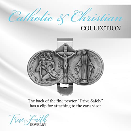 True Faith Jewelry Pewter Jesus Crucifix, Miraculous Mary and St Christopher Visor Clip for Car, Patron Saint of Travelers, Gift for New Driver, Fine Pewter (92% Tin), 1-3/8 x 2-3/8 Inch - size: Crucifix 1