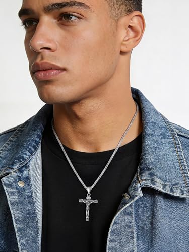 U7 Crucifix Cross Necklace for Men,with 18"-26" Chain - color: 02.Silver