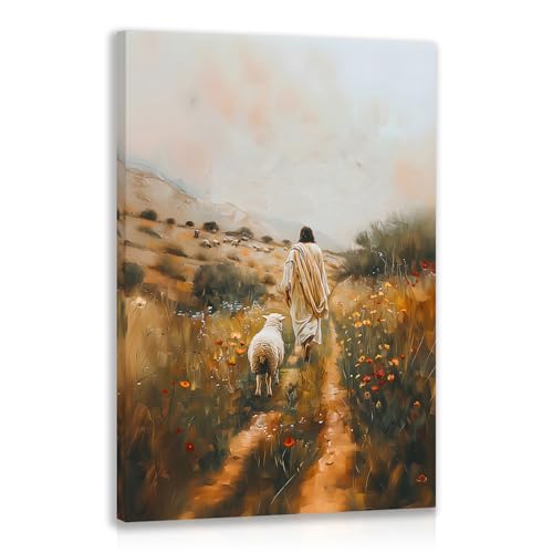 Cyebmo Framed Jesus and Lamb Wall Art, Vintage Religious Christian Wall Decor, Leaves the 99 Sheep Art Print, Abstract Jesus Picture Wrapped Canvas Painting for Church Prayer Room Bedroom 12"x16" - color: JesusLamb, size: 16"L x 12"W