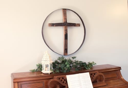 AmishToyBox.com Rustic Barrel Ring With Cross Decorative Wall Art, Reclaimed Whiskey Barrel Art