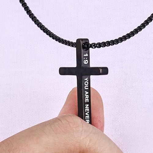 Fiusem Cross Necklace for Men, Stainless Steel Cross Pendant STXL023 - color: Black, size: 20", style: JOSHUA 1:9