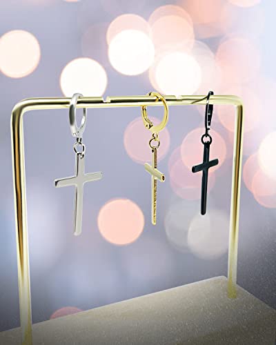 JELIEE 6 Pairs Cross Earrings - Stainless Steel Dangle Hinged Hoop Earrings for Men and Women - Silver, Gold, Black Stud Earrings - Religious Classic Style - 2022 Collection