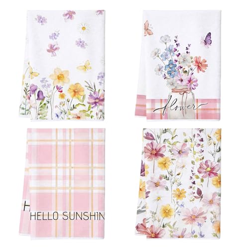 Kitchen Towels Set of 4, Floral Pink Plaid Dish Towels - color: Pink Floral