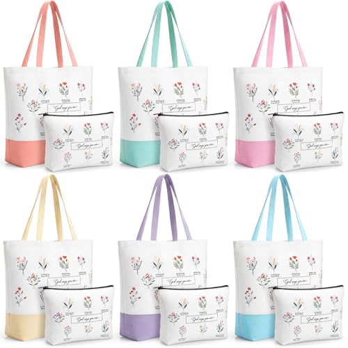 Aliceset 12 Pcs Christian Religious Gift for Women Bulk Included Bible Verse Canvas Tote Bag with Cosmetic Bag for Her Women Sister Mom Wife Birthday Mothers Day(Flower) - style: Flower