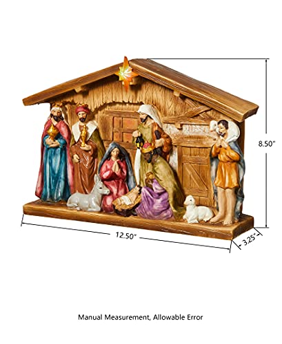Glitzhome Lighted Resin Nativity Figurines House Countertop Christmas Ornaments Nativity Scene Figure Tabletop Crafts Statue Miniatures Xmas Collectibles Baby Jesus Gifts for Home Shelf Decor 12.5" - size: 12.5 x 8.5 Inches
