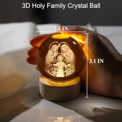 Arikyrist 3D Engraved Crystal Jesus Holy Family Statue Figurine, 3D Crystal Ball Holy Family Statue Catholic with Wooden Base, Crystal Praying Hands with Jesus Christian Religious Easter Gifts - color: 3d Holy Family