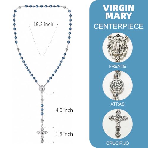 8mm Glass Pearl Rosary - Catholic Necklace for Men and Women Comes in a Metal Gift Box, First Communion Rosary Necklace as Gifts - color: Blue