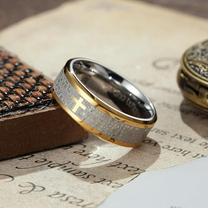 King Will Stainless Steel Men Ring Lord's Prayer Cross Ring Stainless Steel Men Wedding Ring, Wedding Band Bible Engraved Rings High Polished, Comfort Fit - color: Gold