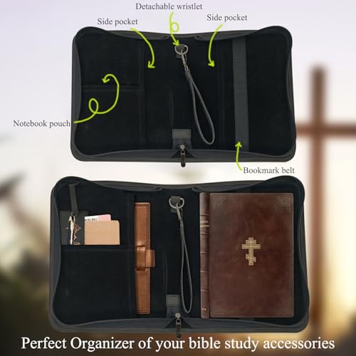 Bible Covers for Women & Men, Leather Bible Case with Rose Bookmark, Bible Supplies Carrying Bag Tote with Strap, Personalized Gift for Study, Journaling, Church-Black