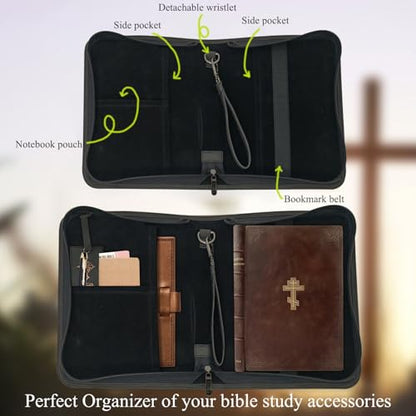Bible Covers for Women & Men, Leather Bible Case with Rose Bookmark, Bible Supplies Carrying Bag Tote with Strap, Personalized Gift for Study, Journaling, Church-Black