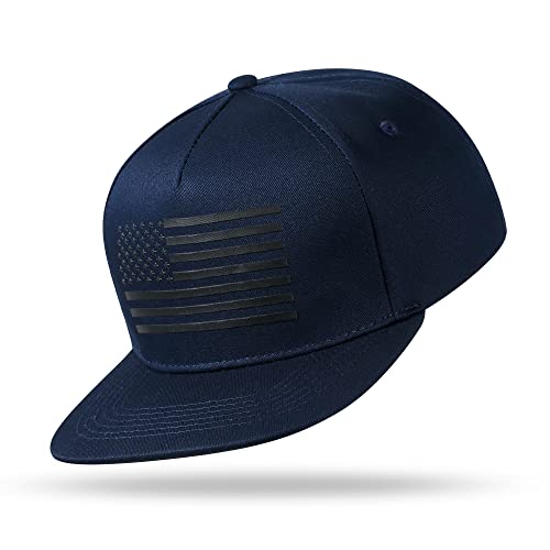 UALON Baseball Cap, Snapback Trucker Hat for Men & Women with American Flag and Adjustable, Breathable Mesh, Flat Bill Hats - color: Navy