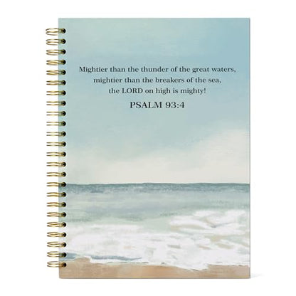 Bible Christian Journal, Inspirational Scripture Notebooks For Prayer Women Gifts, 5.7"×8.2" Watercolor Sea Spiral Hardcover Notebook, Mightier Than The Thunder Church Notes Journal Supplies (A07)