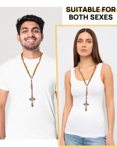 Wooden Rosary Beads, Rosarios Catolicos with Metal Cross for Men & Women - color: Pine Brown