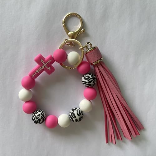 Silicone Beaded Jesus Cross Wristlet Keychain Leather Tassel,Key Ring Wrist Bangle,Key Chains Bracelet Women - color: Rose Cross