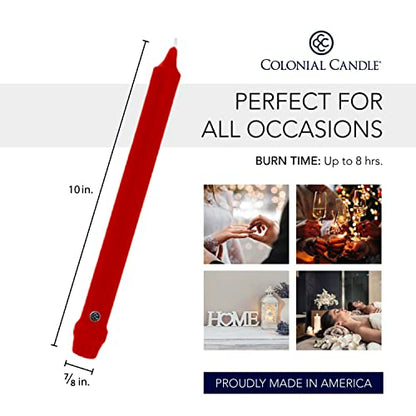 Colonial Candle Unscented Taper Candle, Classic Collection, Red, 10 in, Pack of 12 - Up to 8 Hours Burn - color: Red, size: 10 In, style: Classic