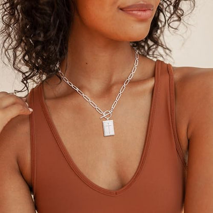 CHESKY Cross Necklace for Women Trendy, Dainty 14K Gold Plated Paperclip Charm Necklace for Womens Chunky Cross Pendant Necklace Gold Jewelry Religious Christian Gifts for Christians - color: Cross-SL