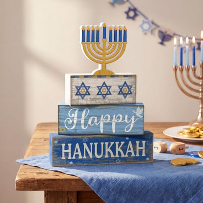 Lineshading 4 Pcs Hanukkah Table Decor for Home, Wooden Menorah Block Signs - style: Candlestick 2