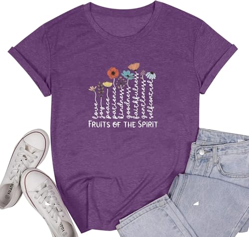 Women's Christian Shirt Fruit of The Holy Spirit Flower T-Shirt Inspirational Bible Text Top - color: Z-q6013-purple, size: Medium
