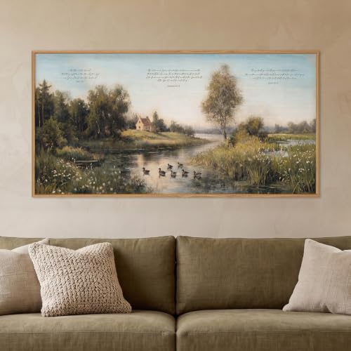 Aryroi Vintage Sage Green Landscape Framed Canvas Wall Art Set, Christian Religious Bible Verse Scripture Wall Decor, Natural Country Duck Pond Artwork for Living Room, Church, Prayer Room- 20"x40"x1 - color: Vintage Bible Verse Landscape Wall Art, size: