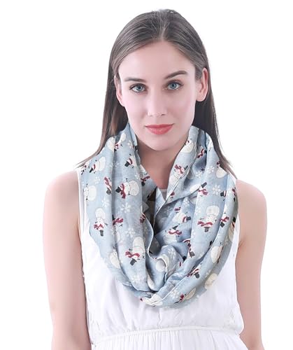 Lina & Lily Holiday Christmas Pattern Print Women's Infinity Scarf Lightweight - color: Light Blue, Snowman