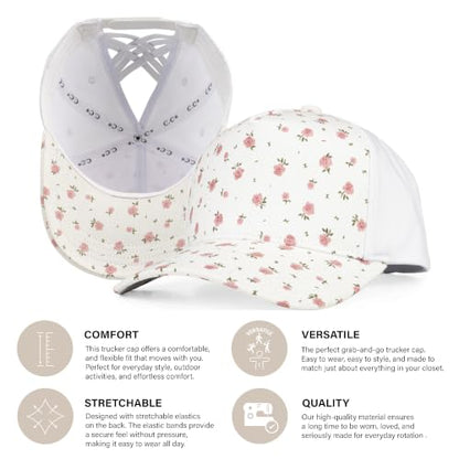 C.C Women's Criss-Cross Ponytail Trucker Hat - Snapback, One Size - color: Ditsy Flower-white