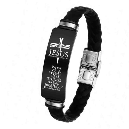 Adjustable Leather Christian Bracelet For Men, Faith Religious Gifts - color: MATTHEW 19:26