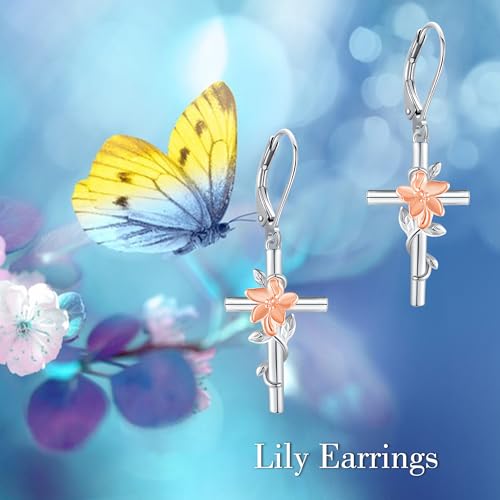 Flower Cross Earrings 925 Sterling Silver Daisy Butterfly Lily Violet Mushroom Dangle Drop Earrings Birth Flower Jewelry for Women Birthday Christmas Gifts - style: Lily Cross