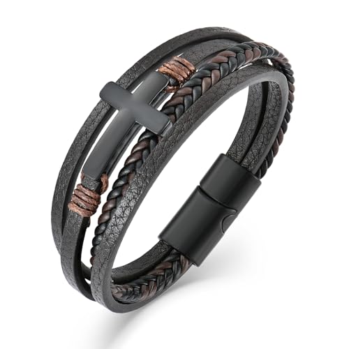 Leather Cross Bracelet Braided Faith Bangle for Men, 8.3 &9.1 Inch - color: 02.Coffee color, size: 8.3in(Fits most wrists)