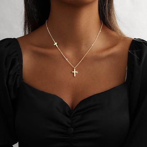Cross Necklace for Women 14K Gold Silver Plated Small Cross Necklace Dainty Cross Pendant Choker Simple Trendy Cute Sideway Cross Charm Chain Necklaces for Women Trendy Christian Baptism Religious Faith Jewelry Gifts - size: Gold-152