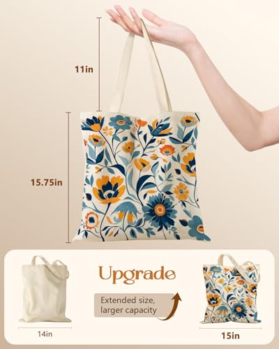Miss Adola Canvas Tote Bag for Women with Zipper, Blue Yellow Flower - color: Blue Yellow Flower