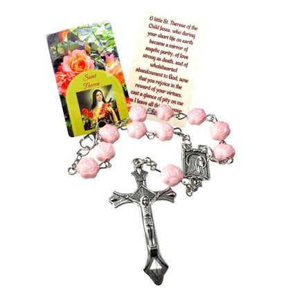 St Therese Rosary with Pink Rose Beads Metal Crucifix & USA Made Holy Card