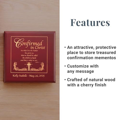 Let's Make Memories Personalized Confirmation Keepsake Box - Scripture - Sacrament - Religious Keepsake - Natural Wood - Cherry Finish - Inspirational Verse - 6.75”Lx6.75”W - style: Scripture - Confirmation