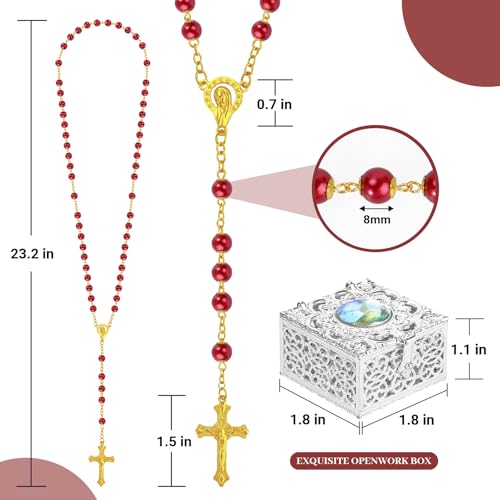 Red and Gold Pearl-Style Rosary Necklace with Metal Gift Box, 8mm, 22 Inch - color: Red