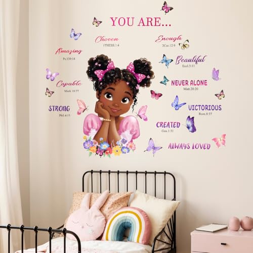 Black Girls Inspirational Wall Decals 44x35in - Pink Purple, Floral Butterfly Scripture Quotes, Peel and Stick Removable for Bedroom Nursery