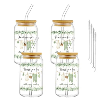 Glass Cups with Lids and Straws, 4Pack, 16oz, Boho Baby - color: Baby Shower
