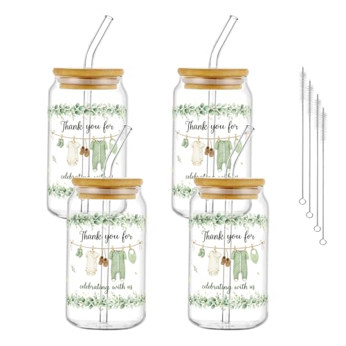 Glass Cups with Lids and Straws, 4Pack, 16oz, Boho Baby - color: Baby Shower