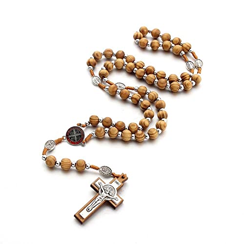 COLORFUL BLING Natural Wooden Catholic Rosaries Wood Crucifix Prayer Beads Pendant Necklace Prayer Jesus Religious Cross Rosary Necklace Handmade Jewelry - color: round silver