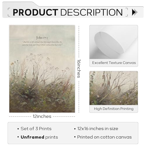 Christian Wall Art Bible Verse Canvas Poster Wildflower Wall Decor Scripture Wall Art Landscape Painting Vintage Field Prints Farmhouse Picture for Bedroom Bathroom 12x16 Inch Unframed Set of 3 - color: John Prints, size: 12"x16" Unframed