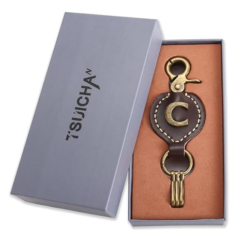 Initial Letter Keychain Brown Leather Alphabet Keychain with Easy Clasp, Key Car Key Bag Key Ring for Women Mens - color: C