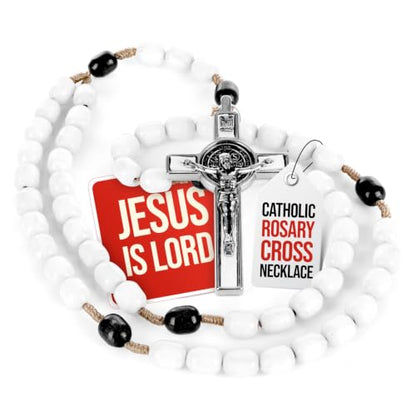 SANCTUM VERITAS Catholic Rosary Necklace | Large Italian Prayer Beads Gift - style: White Wood