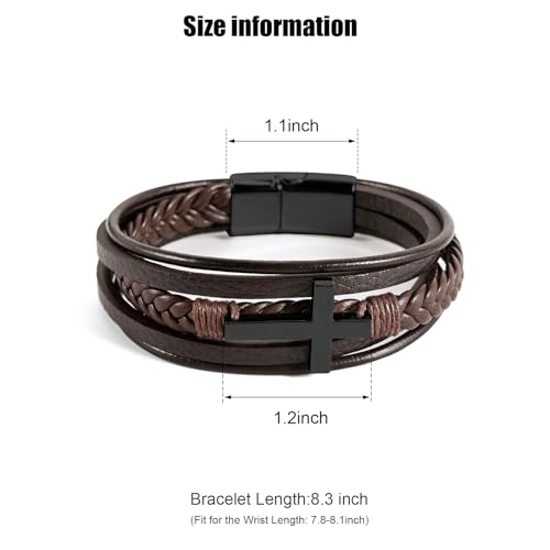 Leather Bracelet for Men Braided Stainless Steel Mens Bracelets - color: Brown-BlackCross