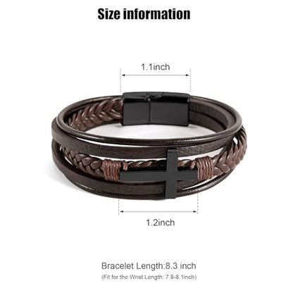 Leather Bracelet for Men Braided Stainless Steel Mens Bracelets - color: Brown-BlackCross