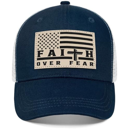 Faith Over Fear Christian Hats for Men Women, American Flag Trucker Hat, Religious Gifts for Thanksgiving Christmas - color: Navy Blue