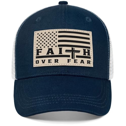 Faith Over Fear Christian Hats for Men Women, American Flag Trucker Hat, Religious Gifts for Thanksgiving Christmas - color: Navy Blue