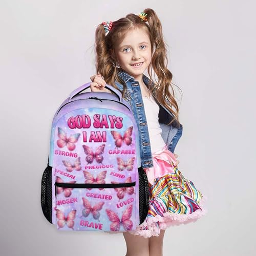 Backpack for Girls 6-8 Primary School Students, Butterfly Backpacks God Says I Am Bookbag with Pockets for Kids Girls Back to School Gifts - color: Blue