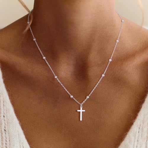 Cross Necklace for Women, Dainty 14K Gold Plated Cross Pendant Simple Long Necklaces for Women, Christian Faith Necklace Trendy Gold Jewelry Gifts for Easter - color: silver bead cross necklace