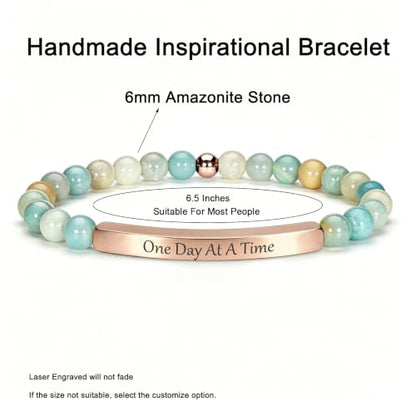 Inspirational Christian Bracelet for Women, 18K Gold Plated Bible Verse Jewelry with Amazonite Beads, Religious Faith Gift for Mom, Daughter, Sister, Friend - color: ONE DAY AT A TIME-Amazonite Rose Gold