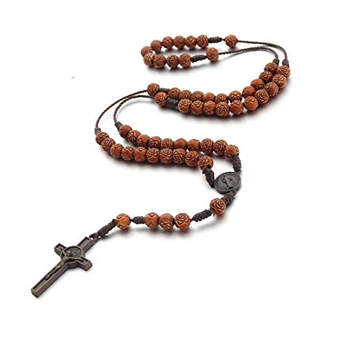 Handmade Wooden Wood Beads Catholic Rosary Crucifix Cross Pendant Necklace Bethlehem Christian Prayer Holy Jerusalem Holyland Y Necklace for Women Men Unisex Jewelry Gift - color: C rose