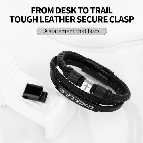 Leather Cross Bracelet for Men, Inspirational Christian Bracelet - color: DON'T LET THE HARD DAYS WIN