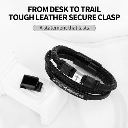 Leather Cross Bracelet for Men, Inspirational Christian Bracelet - color: DON'T LET THE HARD DAYS WIN